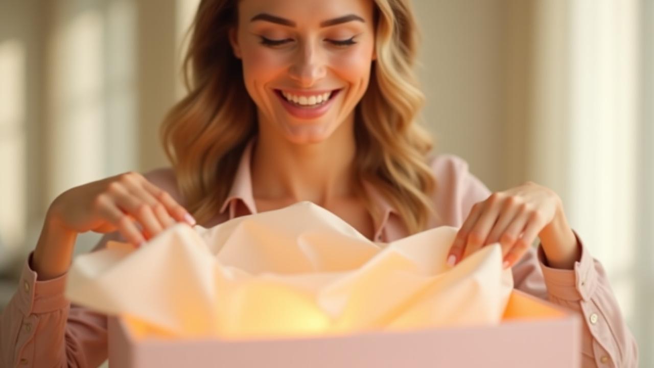 Donna sorridente che apre una elegante scatola beauty con prodotti cosmetici all'interno