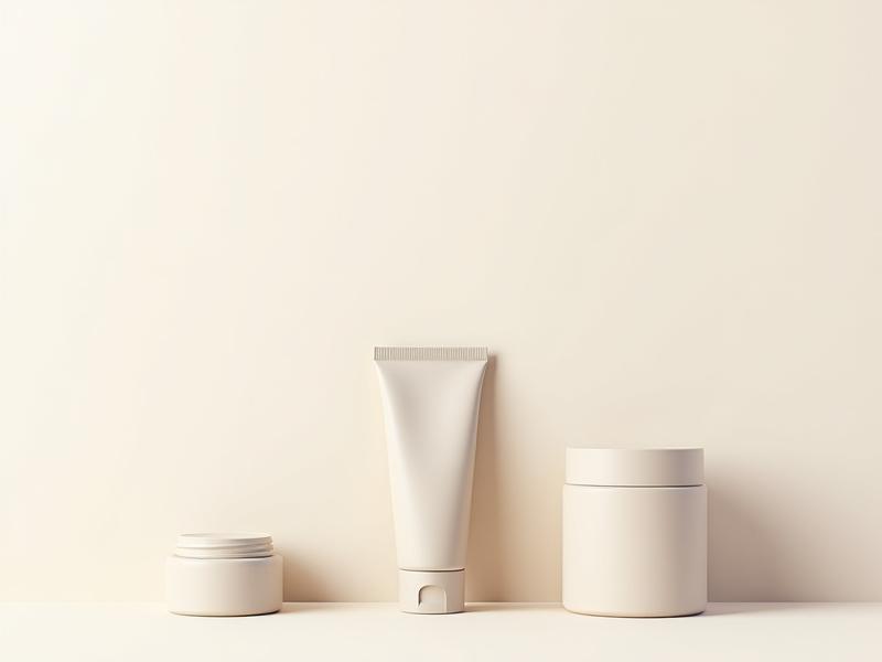 Disposizione estetica di prodotti di bellezza gender-neutral con packaging minimalista e pulito, su uno sfondo raffinato che enfatizza l'eleganza del design.