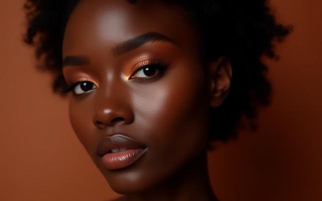 Tutorial di make-up che mostra come applicare correttamente ombretto e illuminante su una modella con una tonalità di pelle scura, con colori vibranti e sfumature perfette.