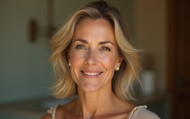 Donna sorridente matura ma con pelle luminosa e curata, con particolare attenzione al make-up naturale e alla cura della pelle.