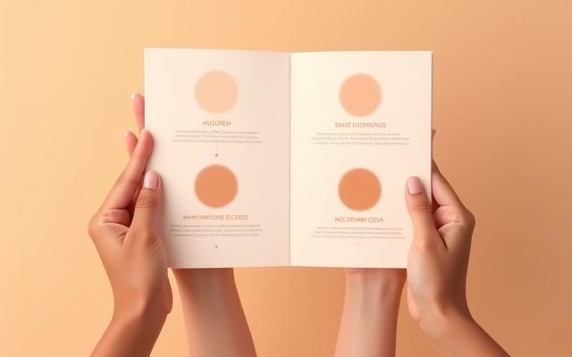 Primo piano su una mano che regge una guida illustrata sui sottotoni della pelle, con diversi esempi di tonalità e sfumature, con luce morbida.