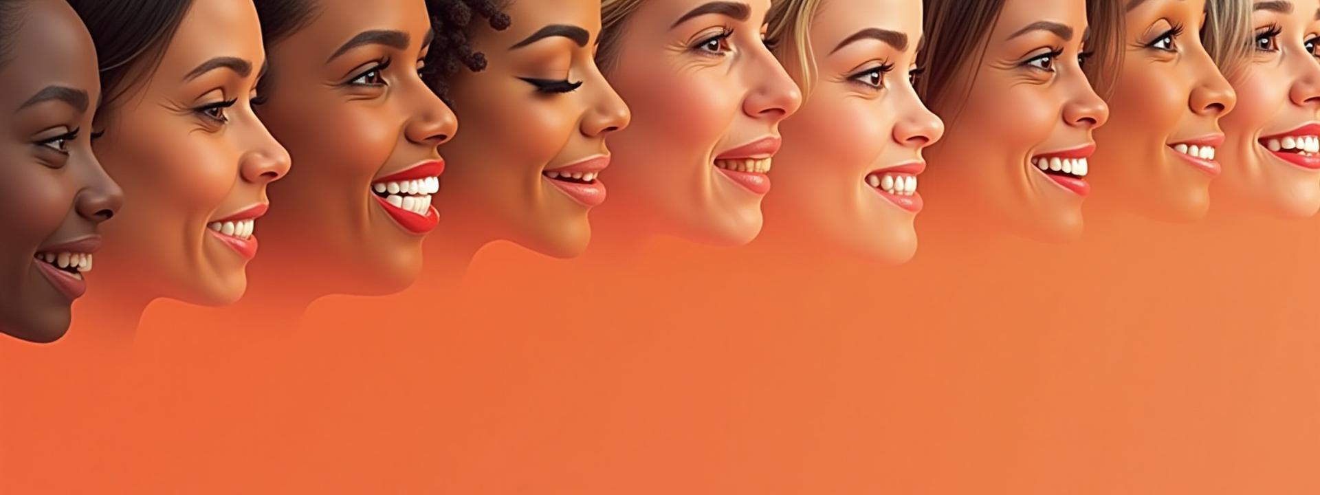 Un collage dinamico e gioioso di volti diversi per etnia, età e genere, che esprimono felicità e sicurezza in sé stessi.