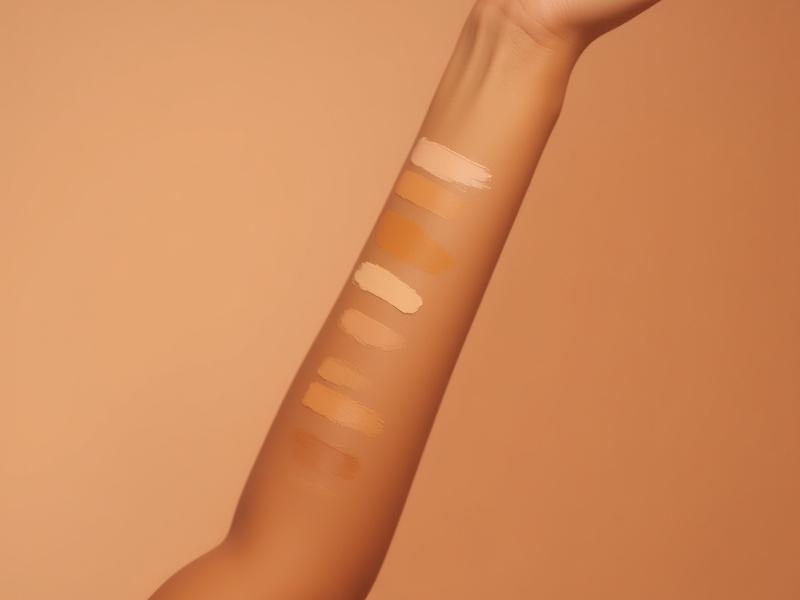 Swatches di fondotinta e correttori applicati su una varietà di tonalità di pelle, mostrando una gamma completa e inclusiva, su un braccio femminile giovane e diversificato.