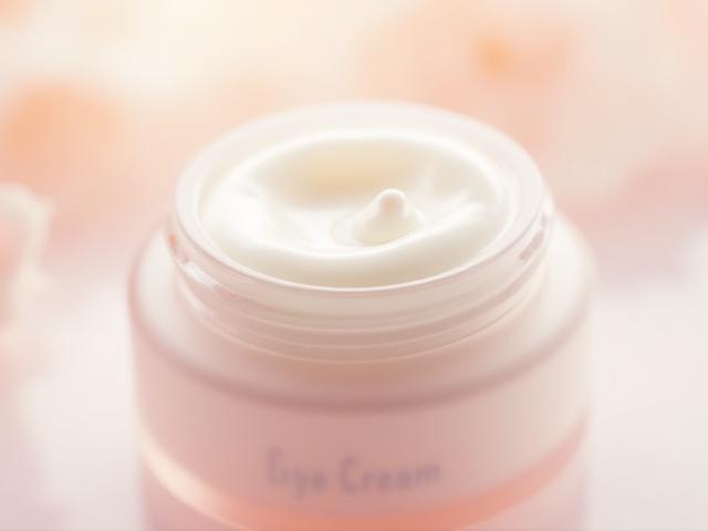 Vaso di crema contorno occhi delicata con texture ricca su un sfondo morbido e sfocato, per un aspetto lussuoso.