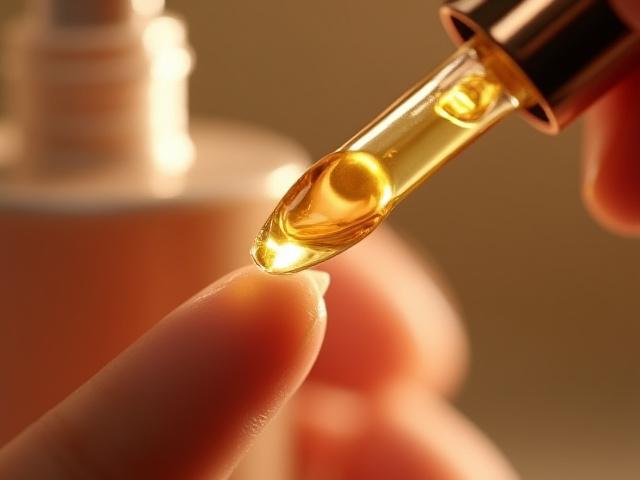 Primo piano elegante sul flacone di siero anti-età con una texture lussuosa che si estende su un dito, suggerendo un effetto idratante e levigante.