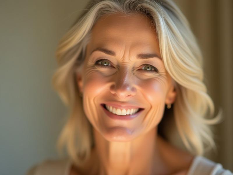 Ritratto elegante di una donna di mezza età con una pelle del viso impeccabile, radiosa e luminosa, che mostra i benefici di una skincare attenta.