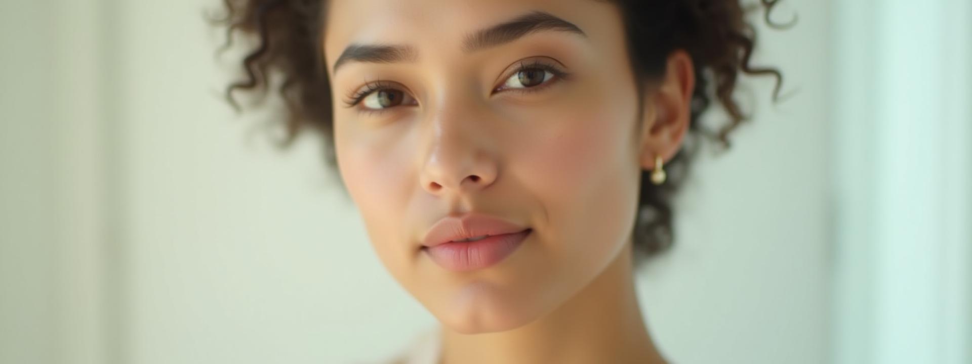 Modella con pelle luminosa e un trucco leggero, che rappresenta il trend della Glass Skin