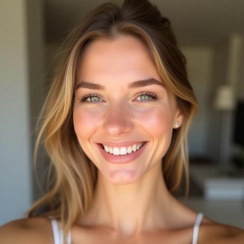 Donna che mostra un make-up luminoso con prodotti Volto Svelato