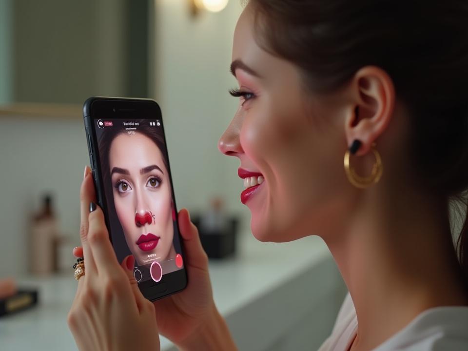 Interfaccia di Volto Svelato per la prova virtuale di make-up, con una modella che applica virtualmente rossetto rosso e pannelli di selezione prodotto