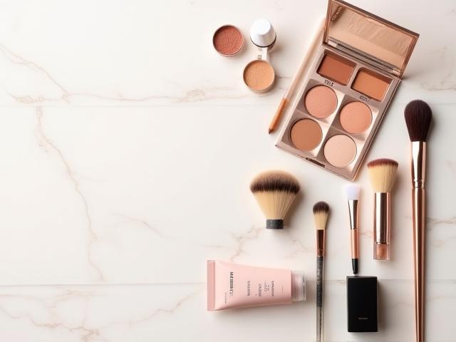 Pennelli da make-up e prodotti per il contouring disposti elegantemente su una superficie.