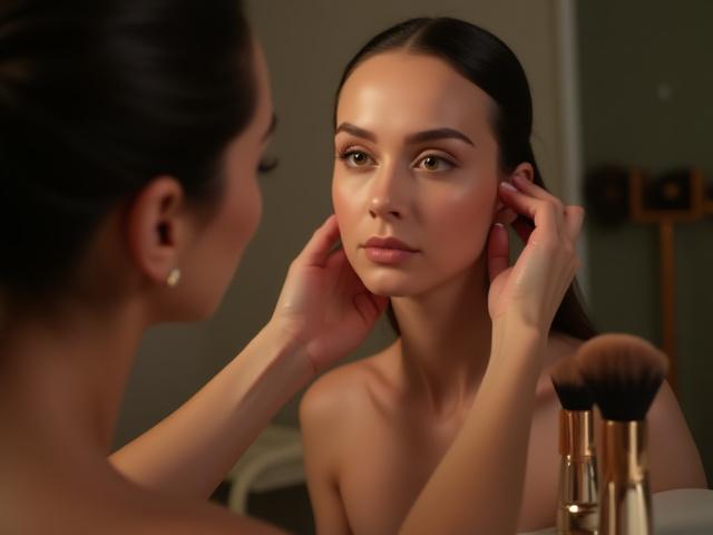 Make-up artist professionista che insegna l'arte del contouring con prodotti di lusso, in uno sfondo elegante e lussuoso.