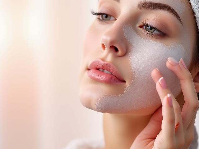 Mani che applicano una maschera idratante su un viso pulito, enfatizzando la cura della pelle.