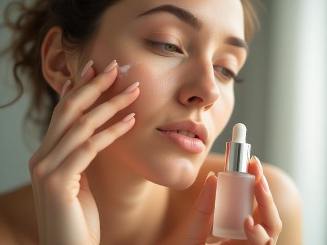 Donna con pelle luminosa che applica un siero, simboleggiando la cura della pelle e l'uso degli acidi nella routine.